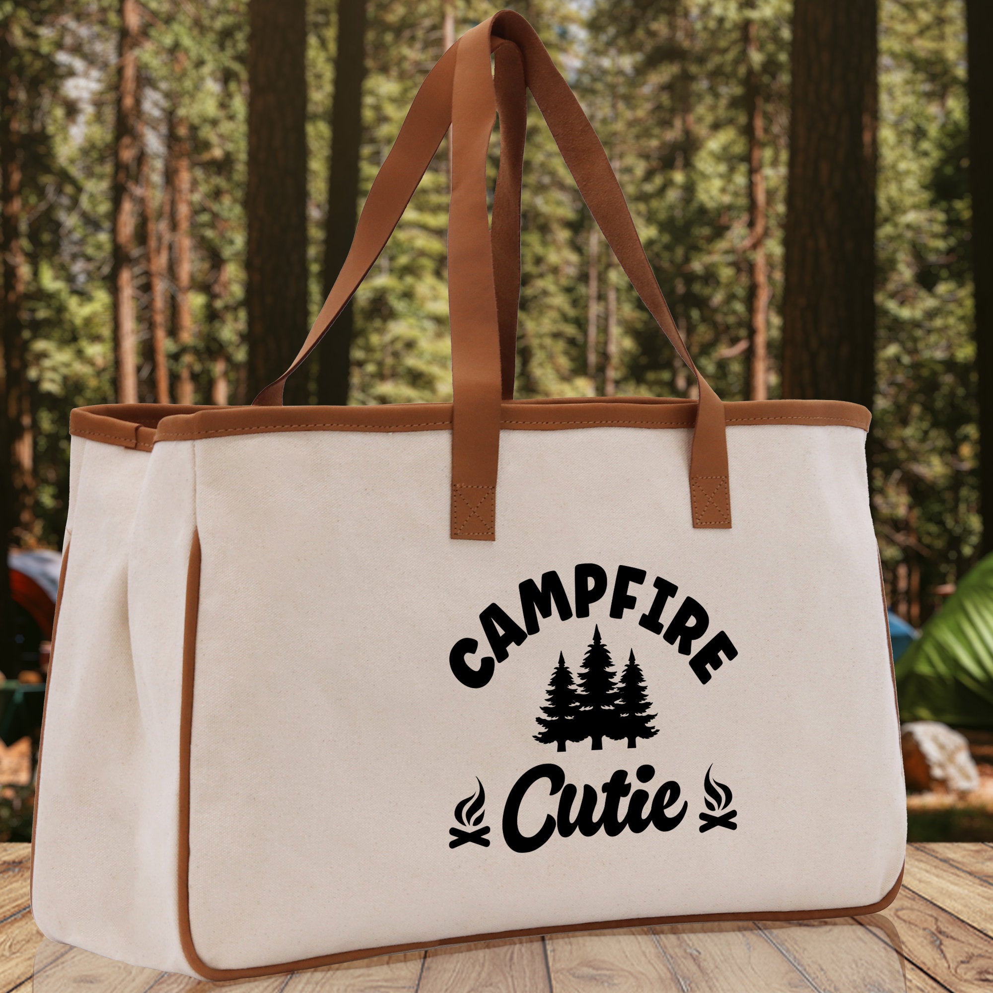 Campfire Cutie Cotton Canvas Chic Tote Bag Camping Tote Camping Lover Gift Tote Bag Outdoor Tote Weekender Tote Camper Multipurpose Tote